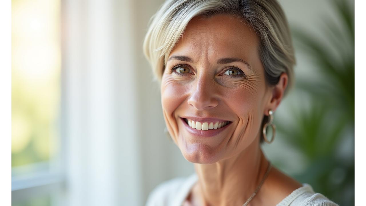 Donna sorridente e serena, che rappresenta l'equilibrio ormonale e la vitalità