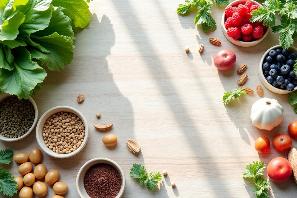 Varie erbe medicinali, frutti e integratori in un contesto naturale e curativo