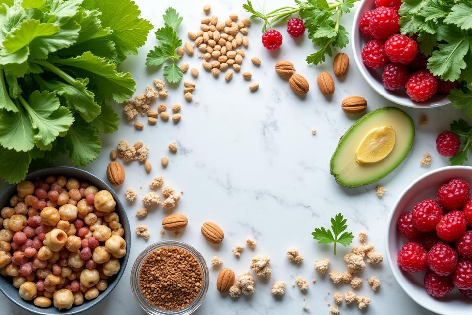 Un tavolo imbandito con alimenti freschi e colorati come verdure a foglia verde, bacche, noci e semi, per una dieta equilibrata