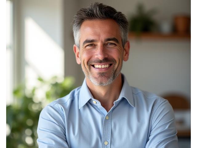 Ritratto di Marco Bianchi, coach certificato, con espressione amichevole e aperta.