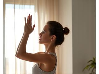 Giovane donna sorridente che pratica yoga all'aperto