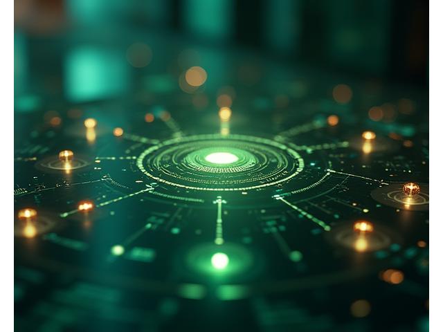 Un elegante pannello di controllo digitale con icone di sicurezza illuminate, che rappresentano crittografia, firewall e autenticazione a due fattori.